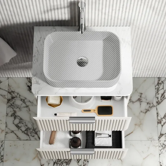Cadiz Fluted Linen White Wall Hung Drawer Vanity with Marble Top 600mm (Excludes Basin) - Chrome Handles