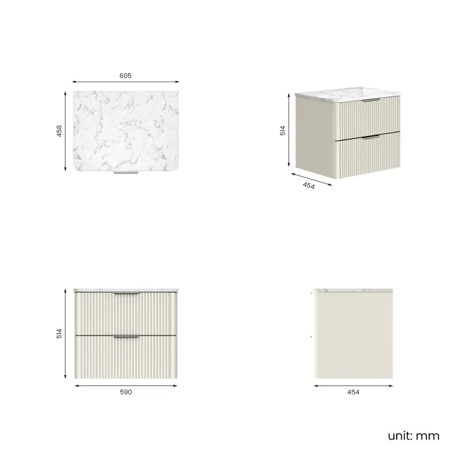 Cadiz Fluted Linen White Wall Hung Drawer Vanity with Marble Top 600mm (Excludes Basin) - Chrome Handles