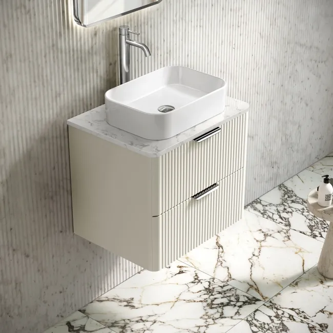 Cadiz Fluted Linen White Wall Hung Drawer Vanity with Marble Top & Marin Basin 600mm - Chrome Handles