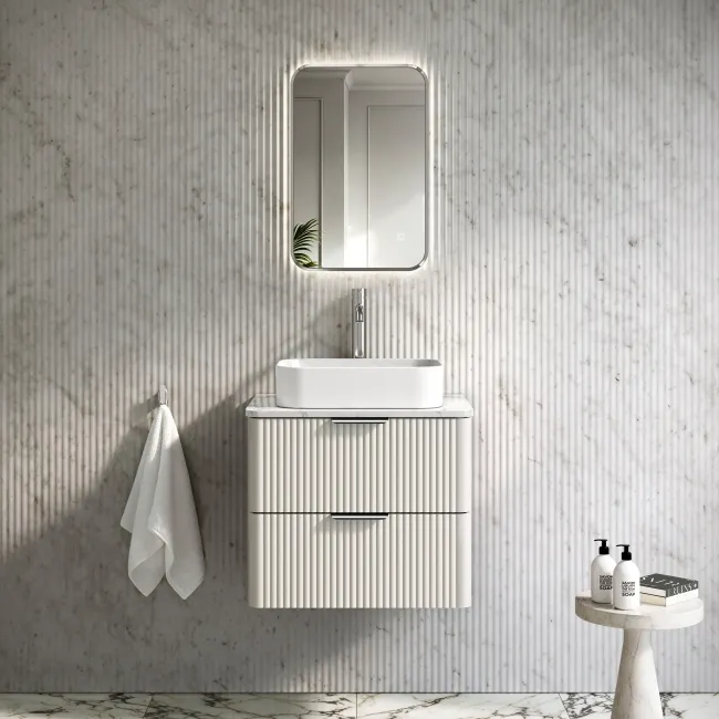 Cadiz Fluted Linen White Wall Hung Drawer Vanity with Marble Top & Marin Basin 600mm - Chrome Handles