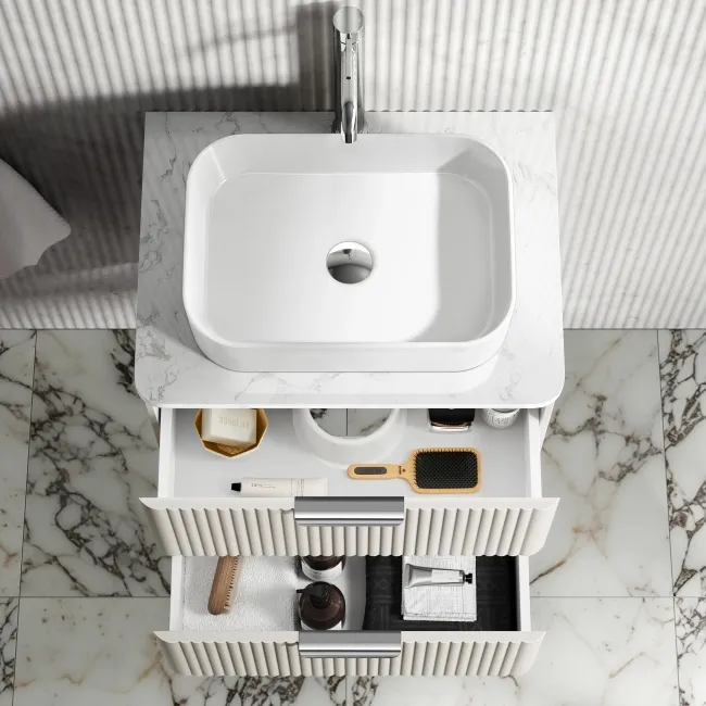 Cadiz Fluted Linen White Wall Hung Drawer Vanity with Marble Top & Marin Basin 600mm - Chrome Handles