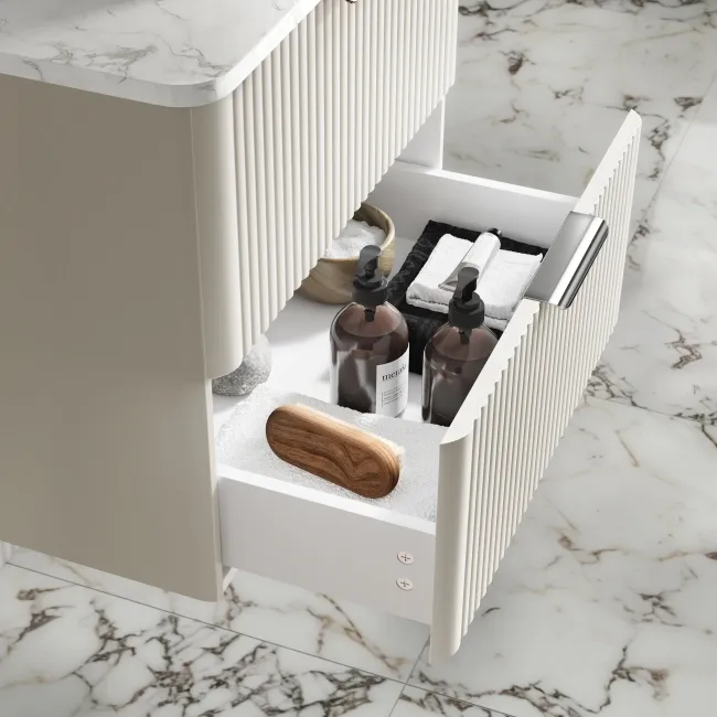 Cadiz Fluted Linen White Wall Hung Drawer Vanity with Marble Top & Marin Basin 600mm - Chrome Handles