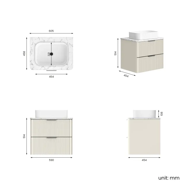 Cadiz Fluted Linen White Wall Hung Drawer Vanity with Marble Top & Marin Basin 600mm - Chrome Handles