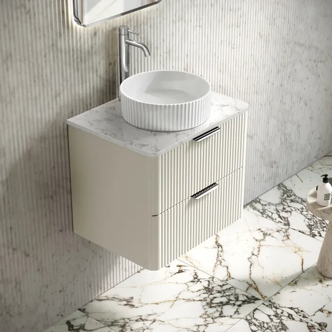 Cadiz Fluted Linen White Wall Hung Drawer Vanity with Marble Top & Nevis Basin 600mm - Chrome Handles