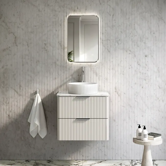 Cadiz Fluted Linen White Wall Hung Drawer Vanity with Marble Top & Nevis Basin 600mm - Chrome Handles
