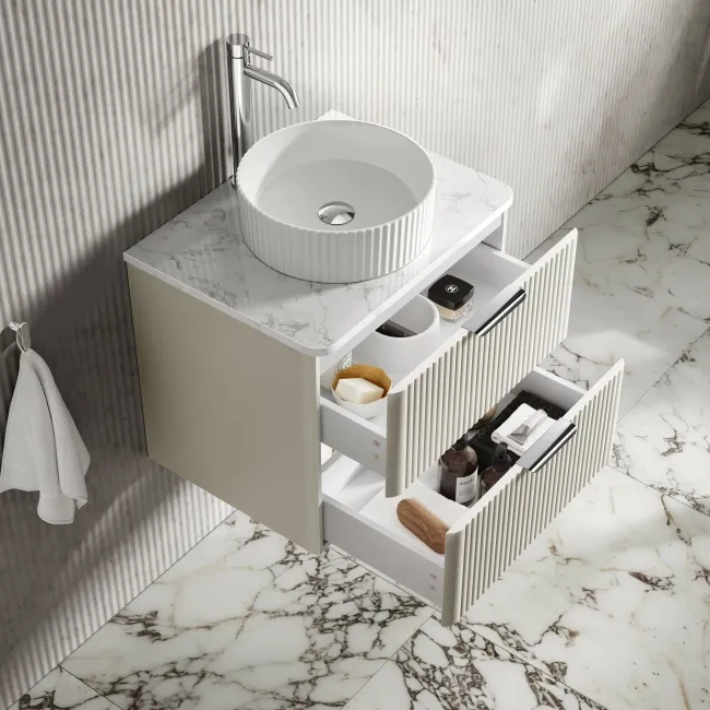Cadiz Fluted Linen White Wall Hung Drawer Vanity with Marble Top & Nevis Basin 600mm - Chrome Handles