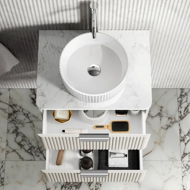 Cadiz Fluted Linen White Wall Hung Drawer Vanity with Marble Top & Nevis Basin 600mm - Chrome Handles