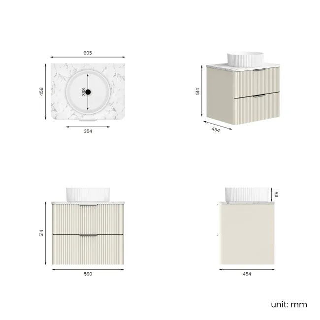 Cadiz Fluted Linen White Wall Hung Drawer Vanity with Marble Top & Nevis Basin 600mm - Chrome Handles
