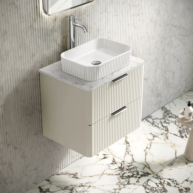 Cadiz Fluted Linen White Wall Hung Drawer Vanity with Marble Top & Reno Basin 600mm - Chrome Handles