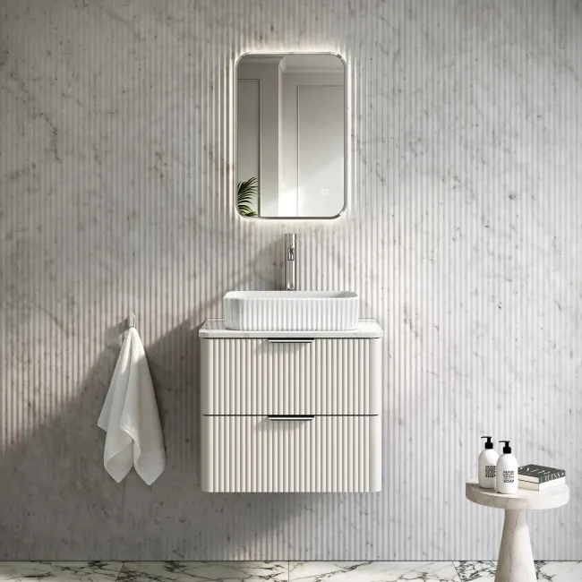 Cadiz Fluted Linen White Wall Hung Drawer Vanity with Marble Top & Reno Basin 600mm - Chrome Handles
