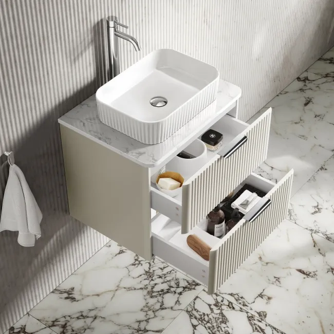 Cadiz Fluted Linen White Wall Hung Drawer Vanity with Marble Top & Reno Basin 600mm - Chrome Handles