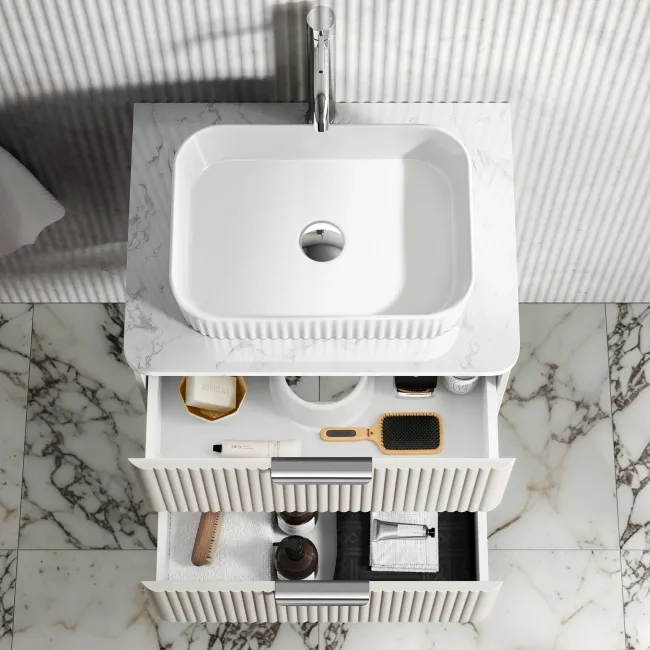 Cadiz Fluted Linen White Wall Hung Drawer Vanity with Marble Top & Reno Basin 600mm - Chrome Handles