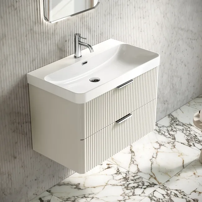 Cadiz Fluted Linen White Wall Hung Basin Drawer Vanity 800mm - Chrome Handles