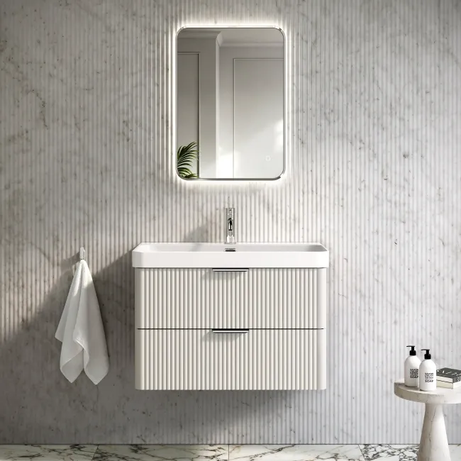 Cadiz Fluted Linen White Wall Hung Basin Drawer Vanity 800mm - Chrome Handles