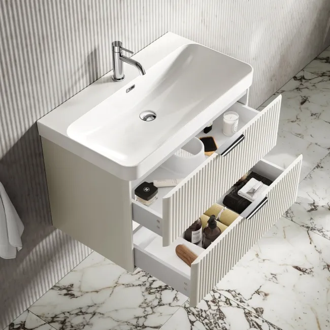 Cadiz Fluted Linen White Wall Hung Basin Drawer Vanity 800mm - Chrome Handles