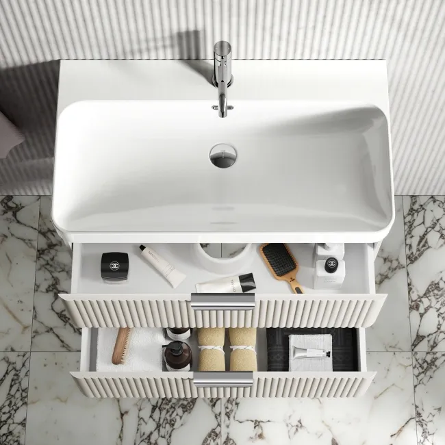 Cadiz Fluted Linen White Wall Hung Basin Drawer Vanity 800mm - Chrome Handles