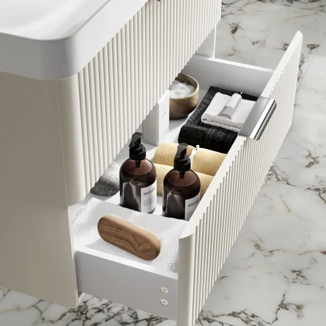 Cadiz Fluted Linen White Wall Hung Basin Drawer Vanity 800mm - Chrome Handles