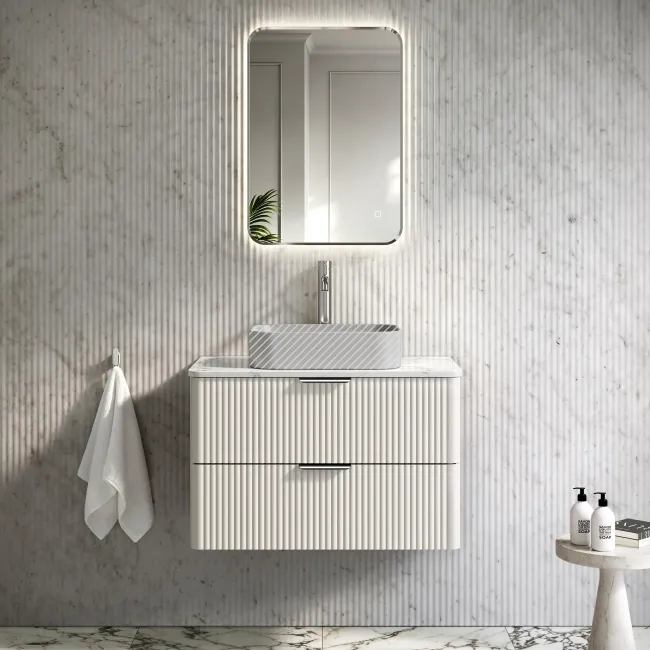 Cadiz Fluted Linen White Wall Hung Drawer Vanity with Marble Top 800mm (Excludes Basin) - Chrome Handles
