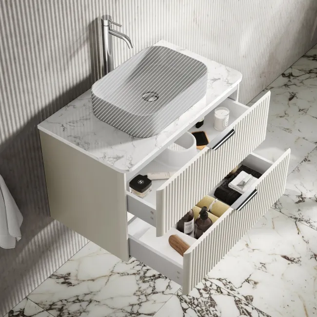 Cadiz Fluted Linen White Wall Hung Drawer Vanity with Marble Top 800mm (Excludes Basin) - Chrome Handles