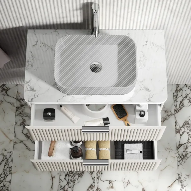 Cadiz Fluted Linen White Wall Hung Drawer Vanity with Marble Top 800mm (Excludes Basin) - Chrome Handles