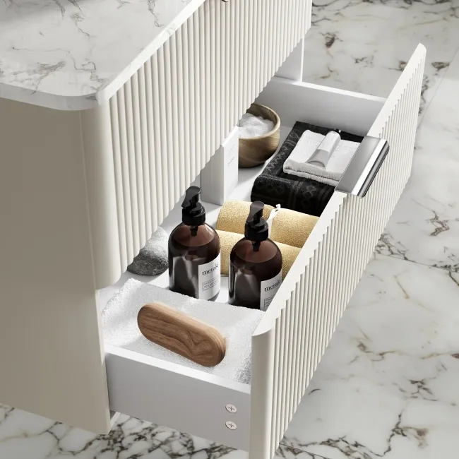 Cadiz Fluted Linen White Wall Hung Drawer Vanity with Marble Top 800mm (Excludes Basin) - Chrome Handles