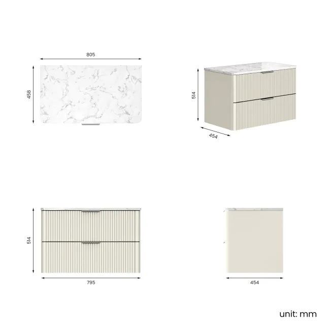 Cadiz Fluted Linen White Wall Hung Drawer Vanity with Marble Top 800mm (Excludes Basin) - Chrome Handles