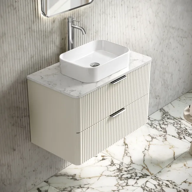 Cadiz Fluted Linen White Wall Hung Drawer Vanity with Marble Top & Marin Basin 800mm - Chrome Handles