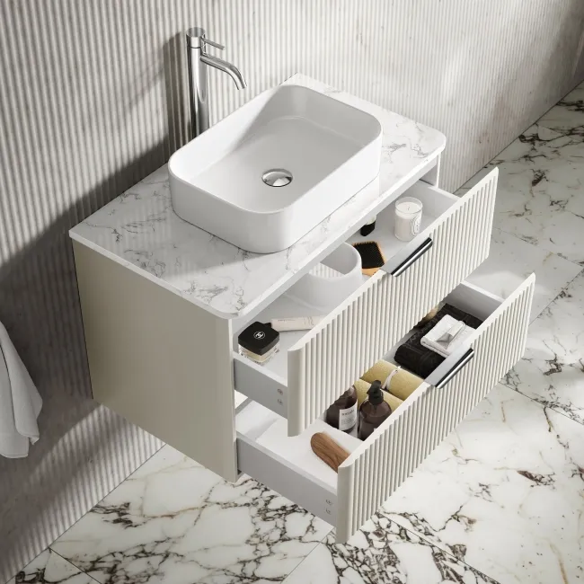 Cadiz Fluted Linen White Wall Hung Drawer Vanity with Marble Top & Marin Basin 800mm - Chrome Handles