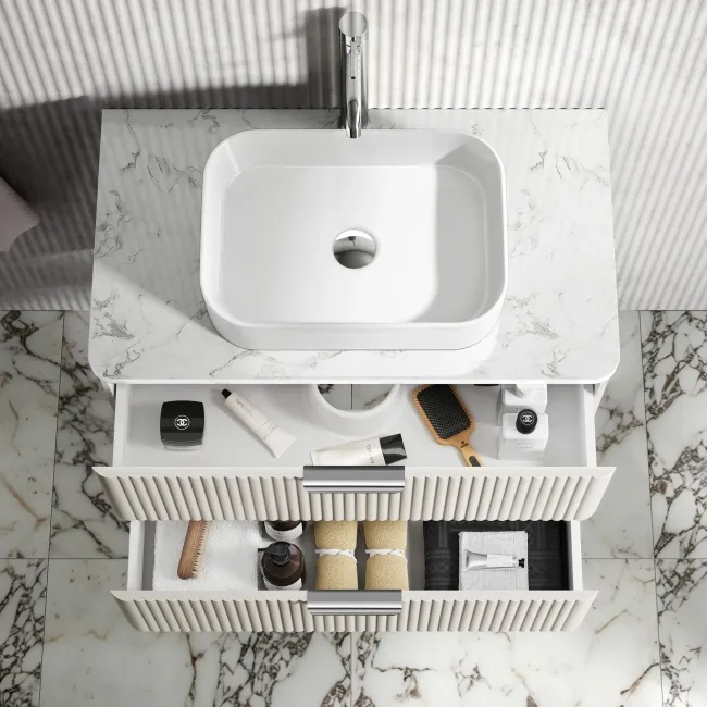Cadiz Fluted Linen White Wall Hung Drawer Vanity with Marble Top & Marin Basin 800mm - Chrome Handles