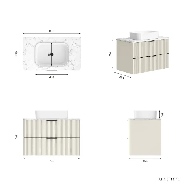 Cadiz Fluted Linen White Wall Hung Drawer Vanity with Marble Top & Marin Basin 800mm - Chrome Handles