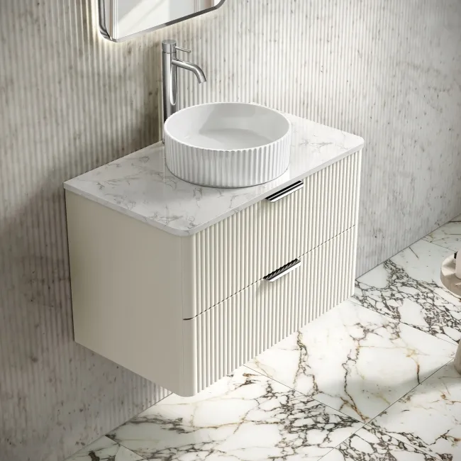 Cadiz Fluted Linen White Wall Hung Drawer Vanity with Marble Top & Nevis Basin 800mm - Chrome Handles
