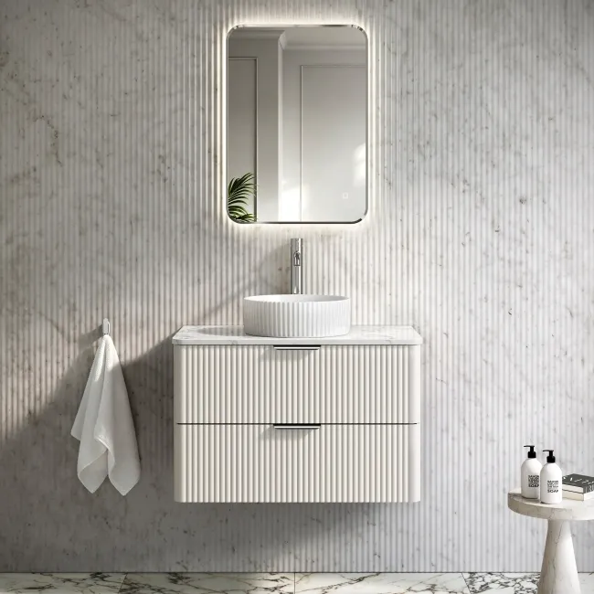 Cadiz Fluted Linen White Wall Hung Drawer Vanity with Marble Top & Nevis Basin 800mm - Chrome Handles