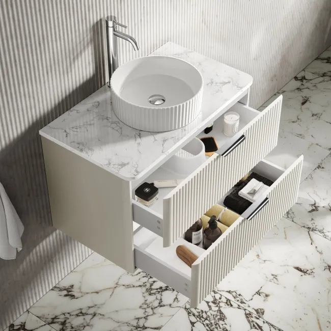 Cadiz Fluted Linen White Wall Hung Drawer Vanity with Marble Top & Nevis Basin 800mm - Chrome Handles