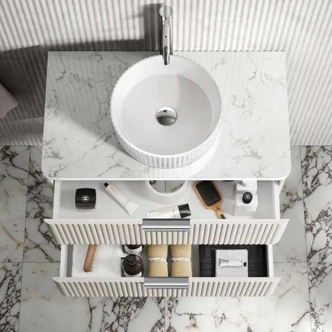 Cadiz Fluted Linen White Wall Hung Drawer Vanity with Marble Top & Nevis Basin 800mm - Chrome Handles