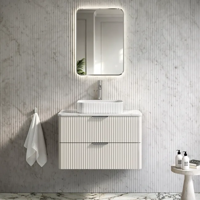 Cadiz Fluted Linen White Wall Hung Drawer Vanity with Marble Top & Reno Basin 800mm - Chrome Handles