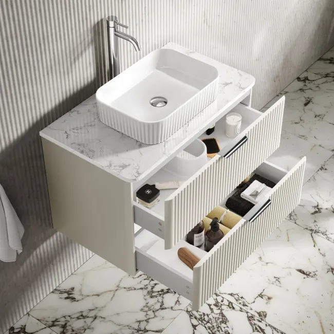 Cadiz Fluted Linen White Wall Hung Drawer Vanity with Marble Top & Reno Basin 800mm - Chrome Handles