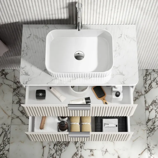 Cadiz Fluted Linen White Wall Hung Drawer Vanity with Marble Top & Reno Basin 800mm - Chrome Handles
