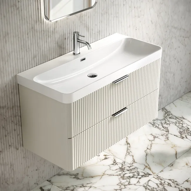 Cadiz Fluted Linen White Wall Hung Basin Drawer Vanity 1000mm - Chrome Handles