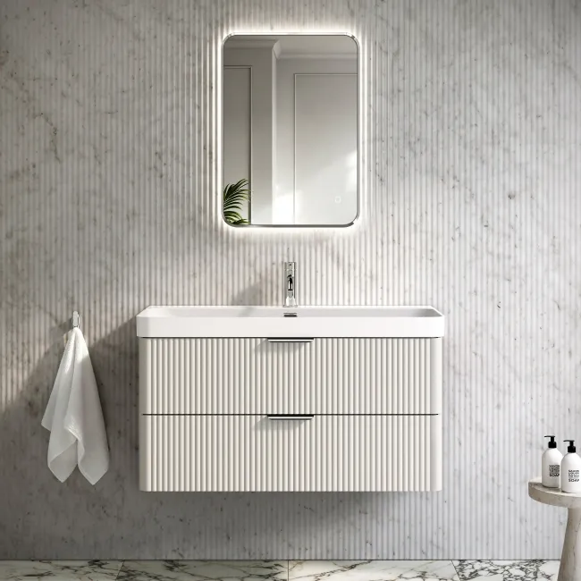 Cadiz Fluted Linen White Wall Hung Basin Drawer Vanity 1000mm - Chrome Handles