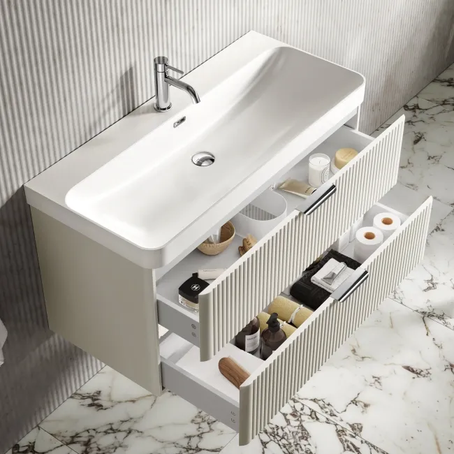 Cadiz Fluted Linen White Wall Hung Basin Drawer Vanity 1000mm - Chrome Handles