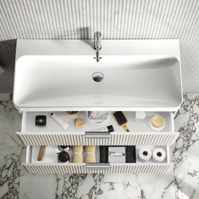 Cadiz Fluted Linen White Wall Hung Basin Drawer Vanity 1000mm - Chrome Handles