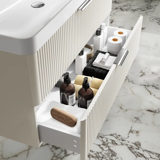 Cadiz Fluted Linen White Wall Hung Basin Drawer Vanity 1000mm - Chrome Handles