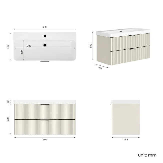 Cadiz Fluted Linen White Wall Hung Basin Drawer Vanity 1000mm - Chrome Handles