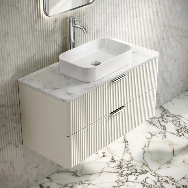 Cadiz Fluted Linen White Wall Hung Drawer Vanity with Marble Top 1000mm (Excludes Basin) - Chrome Handles