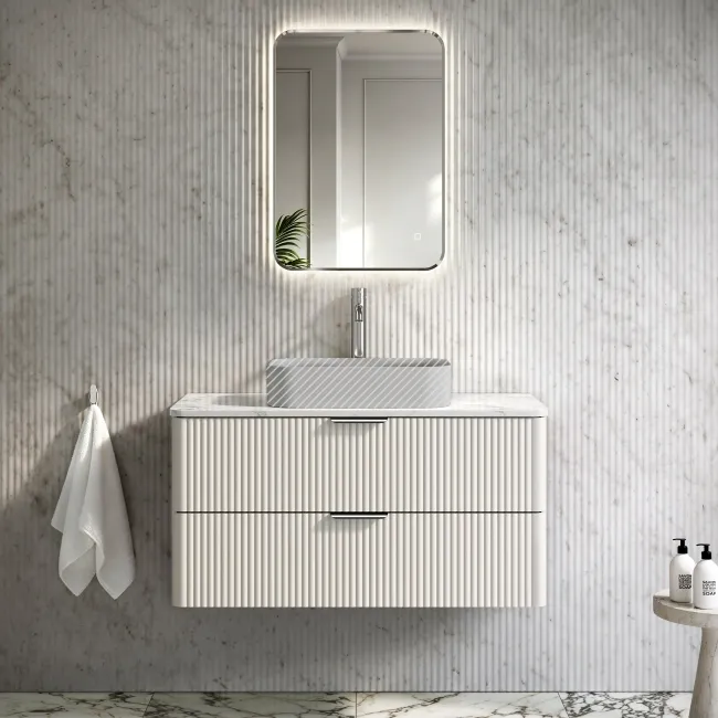 Cadiz Fluted Linen White Wall Hung Drawer Vanity with Marble Top 1000mm (Excludes Basin) - Chrome Handles