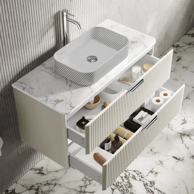 Cadiz Fluted Linen White Wall Hung Drawer Vanity with Marble Top 1000mm (Excludes Basin) - Chrome Handles
