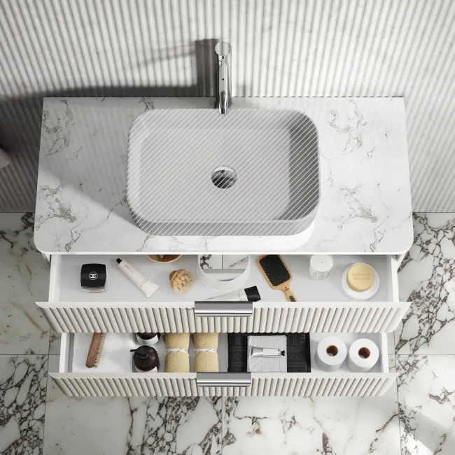 Cadiz Fluted Linen White Wall Hung Drawer Vanity with Marble Top 1000mm (Excludes Basin) - Chrome Handles