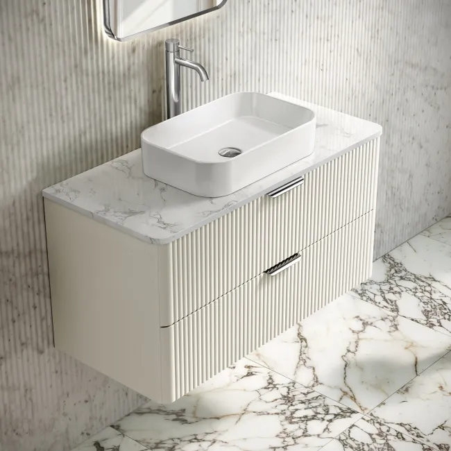 Cadiz Fluted Linen White Wall Hung Drawer Vanity with Marble Top & Marin Basin 1000mm - Chrome Handles