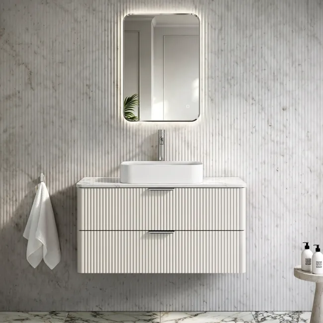 Cadiz Fluted Linen White Wall Hung Drawer Vanity with Marble Top & Marin Basin 1000mm - Chrome Handles