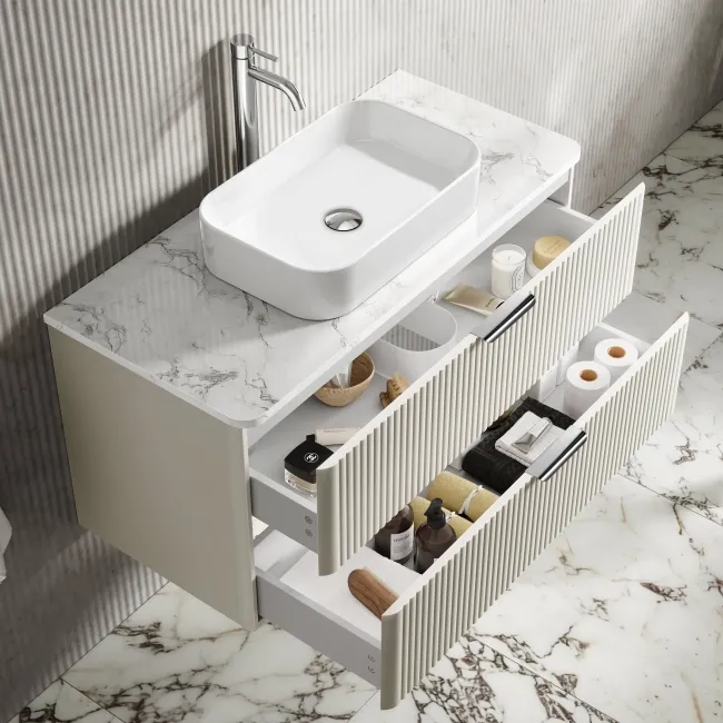 Cadiz Fluted Linen White Wall Hung Drawer Vanity with Marble Top & Marin Basin 1000mm - Chrome Handles